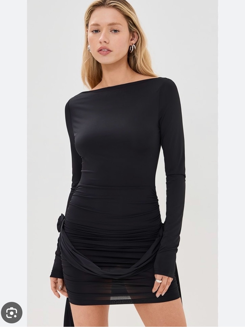 Long-Sleeve Black Ruched Mini Dress